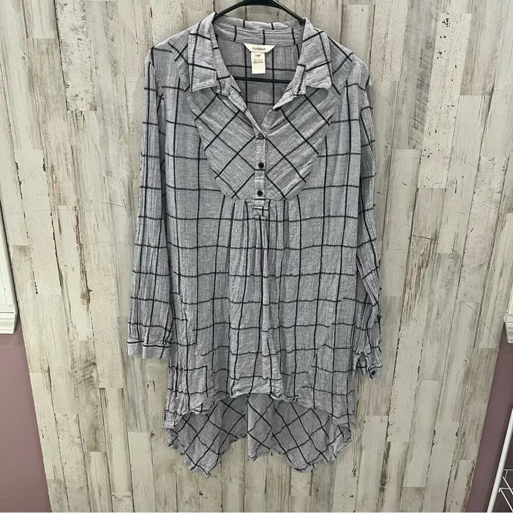 Sundance Grey Black Windowpane Check Dress Tunic Top Cotton Hi Lo